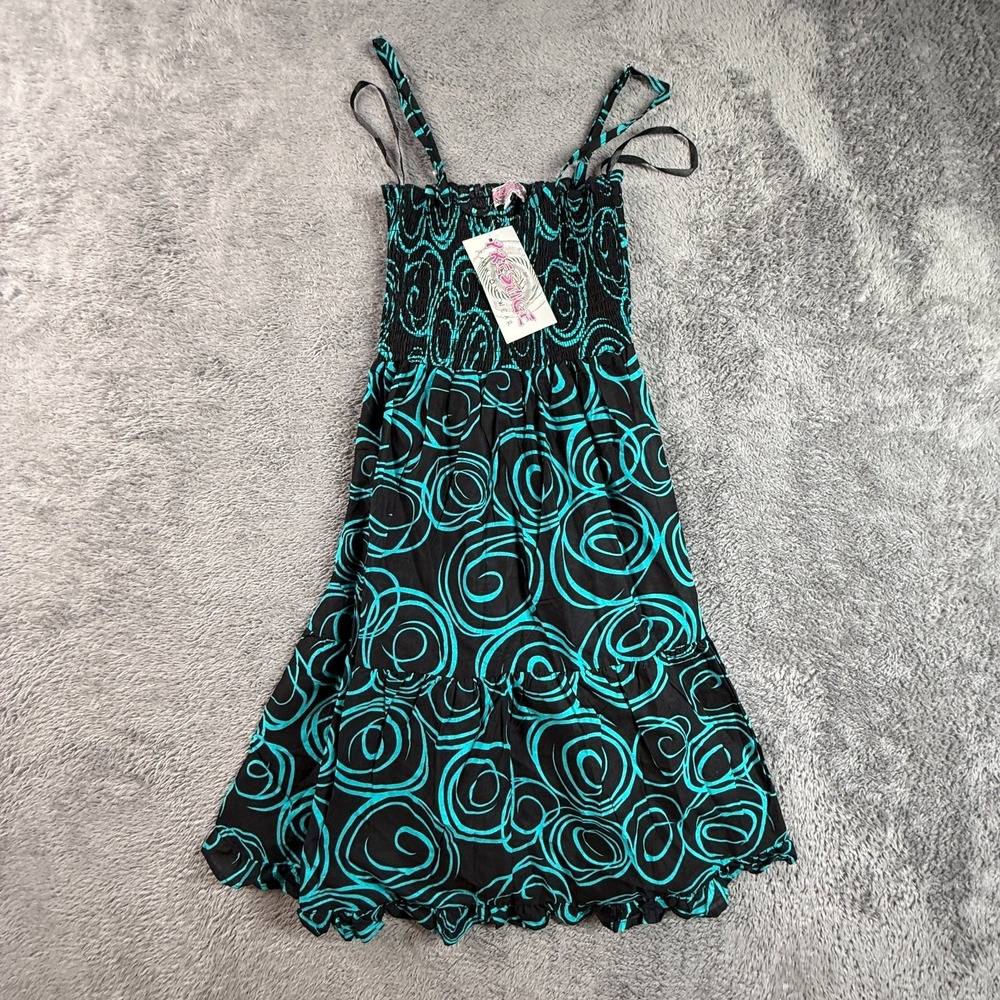 Prestige Womens S Black Turquoise Rose Print Dress Y2K Smocked Spaghetti Strap
